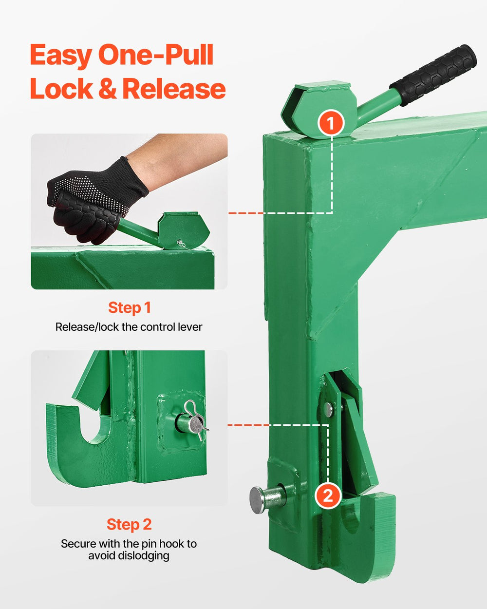 VEVOR 3-Point Quick Hitch with 2 in Receiver, 3000 Lbs Lift Capacity, 3-Pt Hitch with 5 Level Adjustable Bolt, Adaptation to Category 1 & 2 Tractor, Heavy Duty 3 Point Attachments, Green