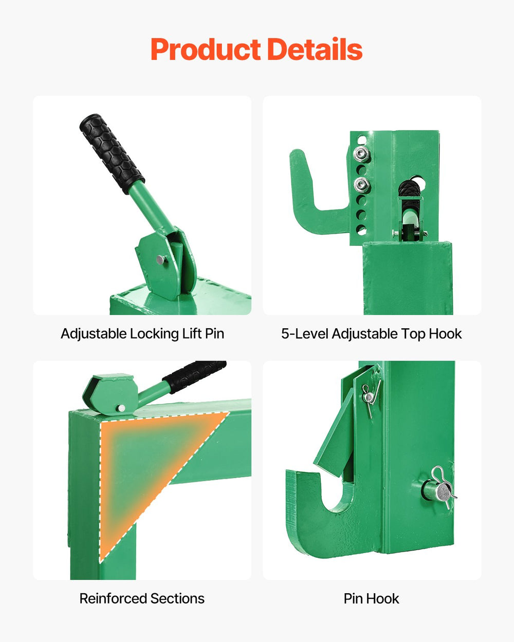 VEVOR 3-Point Quick Hitch - product details (lift pin, top hook, reinforced sections, pin hook)