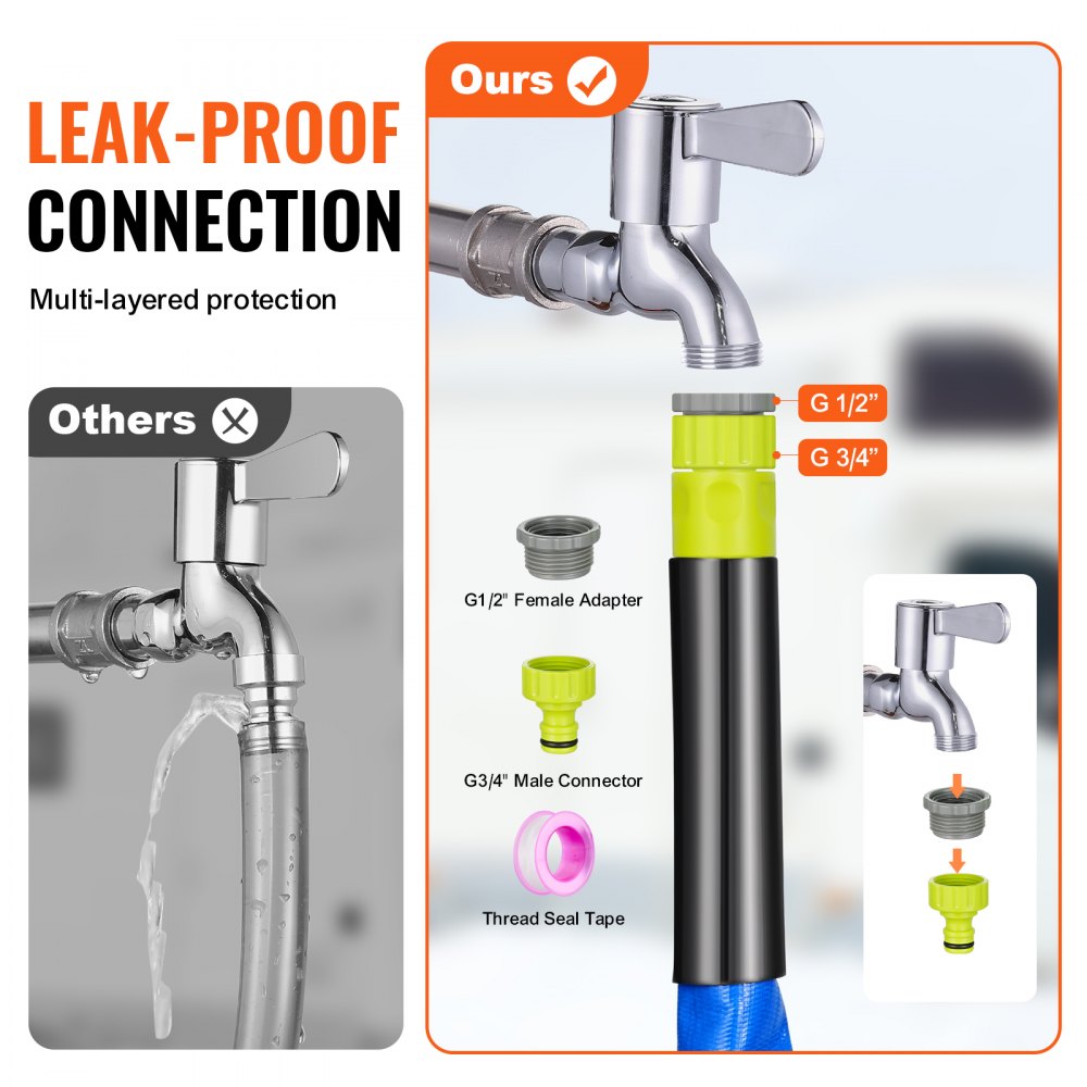 VEVOR 25ft Heated Water Hose for RV, Heated Drinking Water Hose with Corrugated Cover Antifreeze to -45°F, Automatic Self-regulating, 5/8" I.D. with 3/4" GHT Adapter, Lead and BPA Free