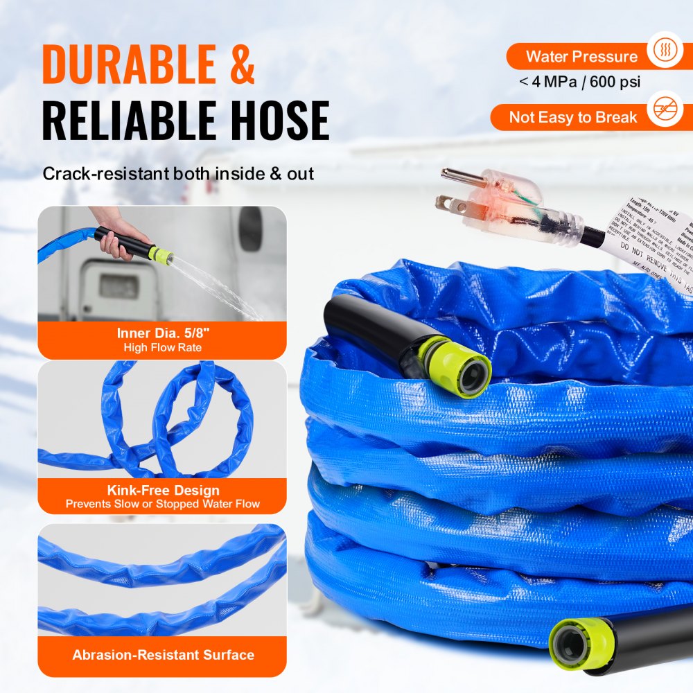VEVOR 25ft Heated Water Hose for RV, Heated Drinking Water Hose with Corrugated Cover Antifreeze to -45°F, Automatic Self-regulating, 5/8" I.D. with 3/4" GHT Adapter, Lead and BPA Free