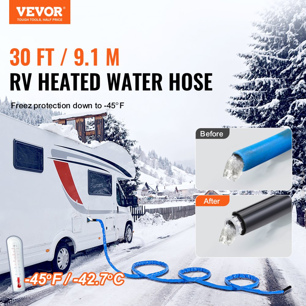 VEVOR 30ft Heated Water Hose for RV, Heated Drinking Water Hose with Corrugated Cover Antifreeze to -45°F, Automatic Self-regulating, 5/8" I.D. with 3/4" GHT Adapter, Lead and BPA Free