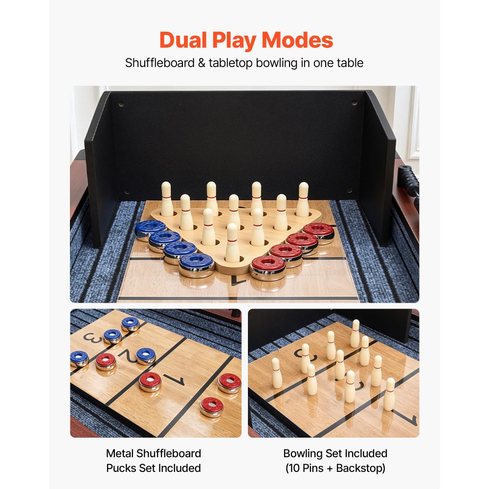 VEVOR 12 ft Shuffleboard Table, 2 in 1 Shuffleboard and Bowling Combo Set, Shuffle Board with Rustic Wood Finish, Scratch-Resistant Playfield, 8 Pucks, Bowling Set, Wax, Brush, for Family Game Room