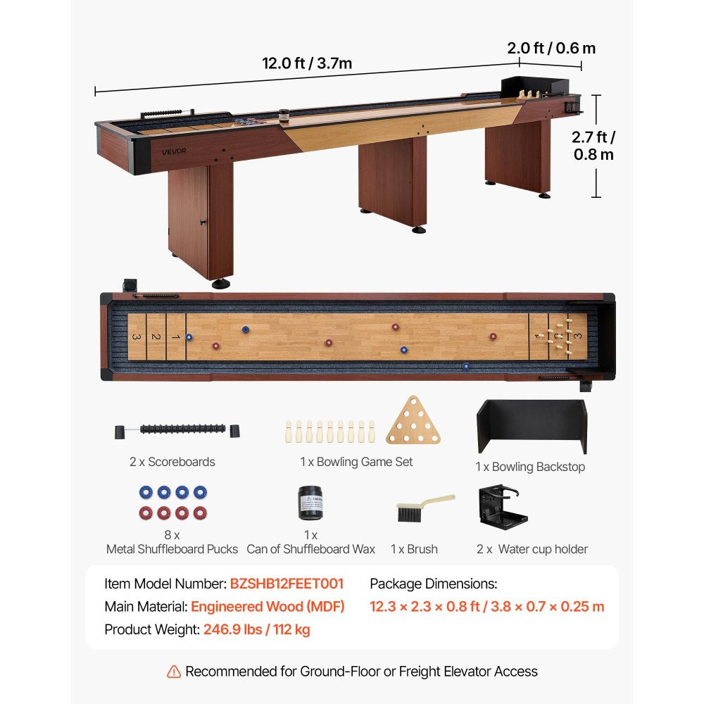 VEVOR 12 ft Shuffleboard Table, 2 in 1 Shuffleboard and Bowling Combo Set, Shuffle Board with Rustic Wood Finish, Scratch-Resistant Playfield, 8 Pucks, Bowling Set, Wax, Brush, for Family Game Room