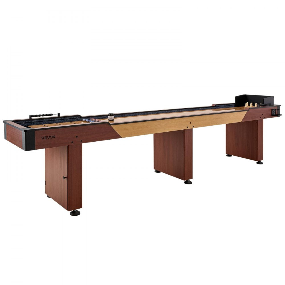 VEVOR 12 ft Shuffleboard Table, 2 in 1 Shuffleboard and Bowling Combo Set, Shuffle Board with Rustic Wood Finish, Scratch-Resistant Playfield, 8 Pucks, Bowling Set, Wax, Brush, for Family Game Room