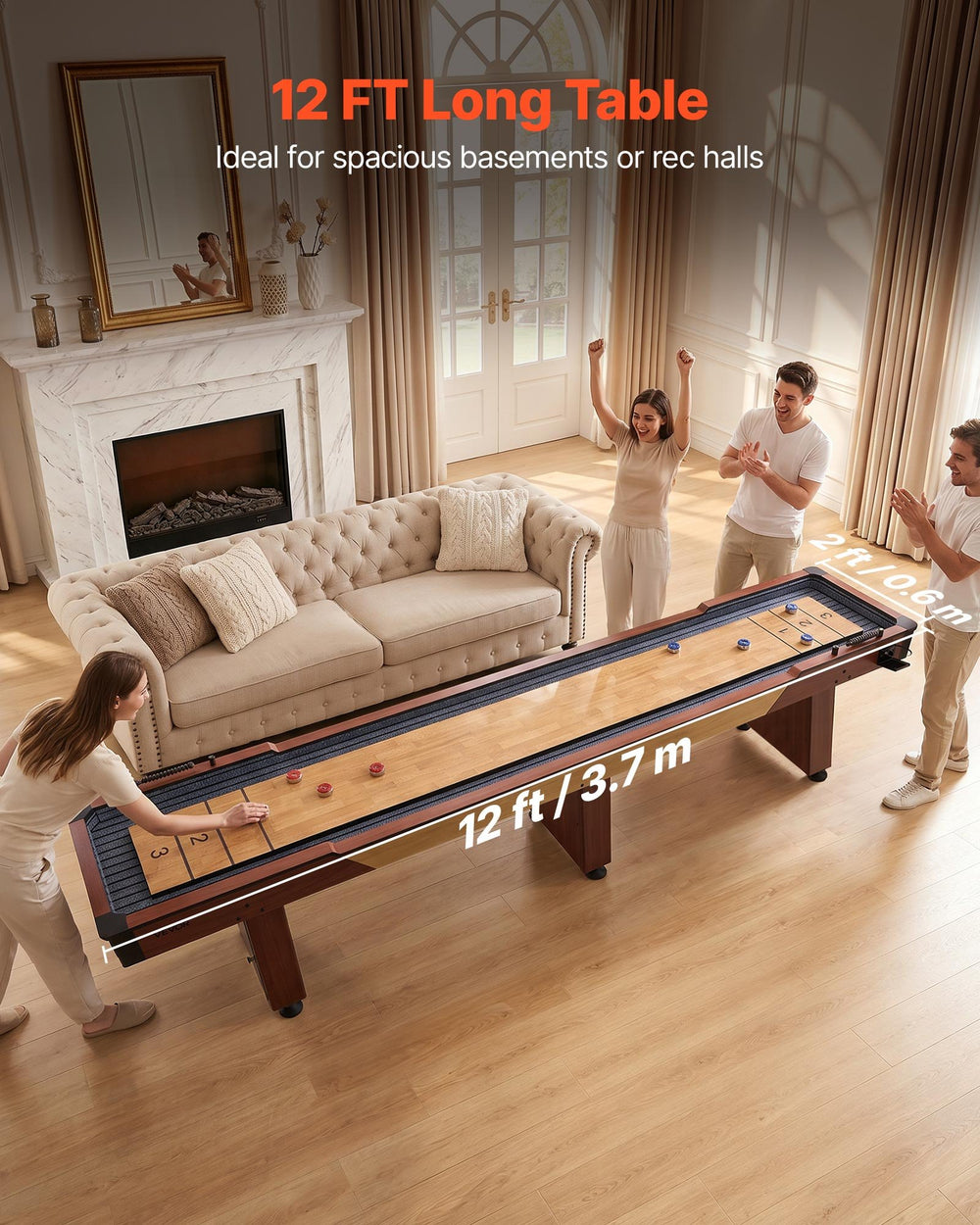 VEVOR 12 ft Shuffleboard Table, 2 in 1 Shuffleboard and Bowling Combo Set, Shuffle Board with Rustic Wood Finish, Scratch-Resistant Playfield, 8 Pucks, Bowling Set, Wax, Brush, for Family Game Room