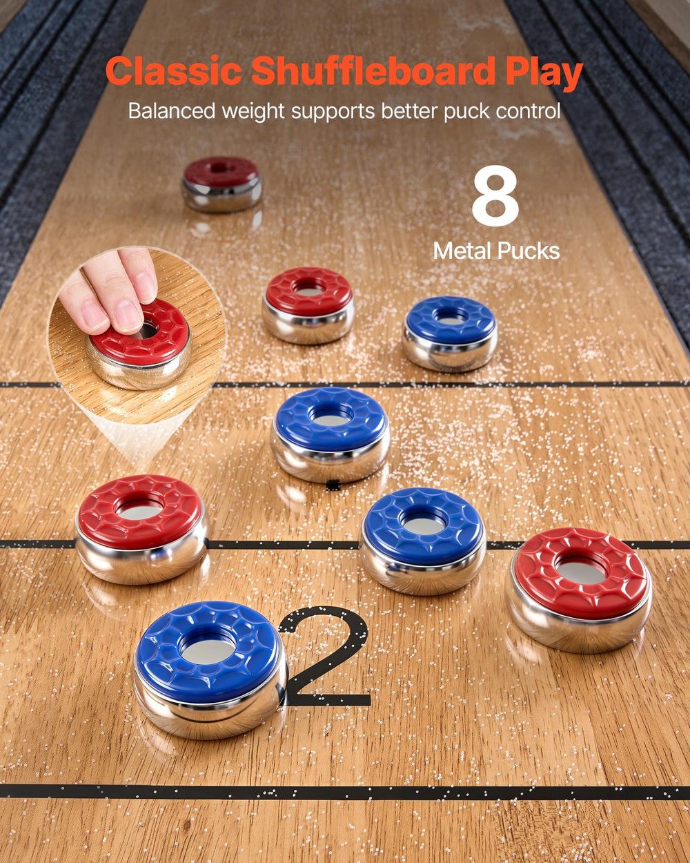 VEVOR 9 ft Shuffleboard Table, Scratch-Resistant Playfield for Smooth, Fast Puck Action, Pedestal Legs with Levelers for Optimum Stability, Shuffle Board w/ 8 Pucks, Wax, Brush, for Family Game Room