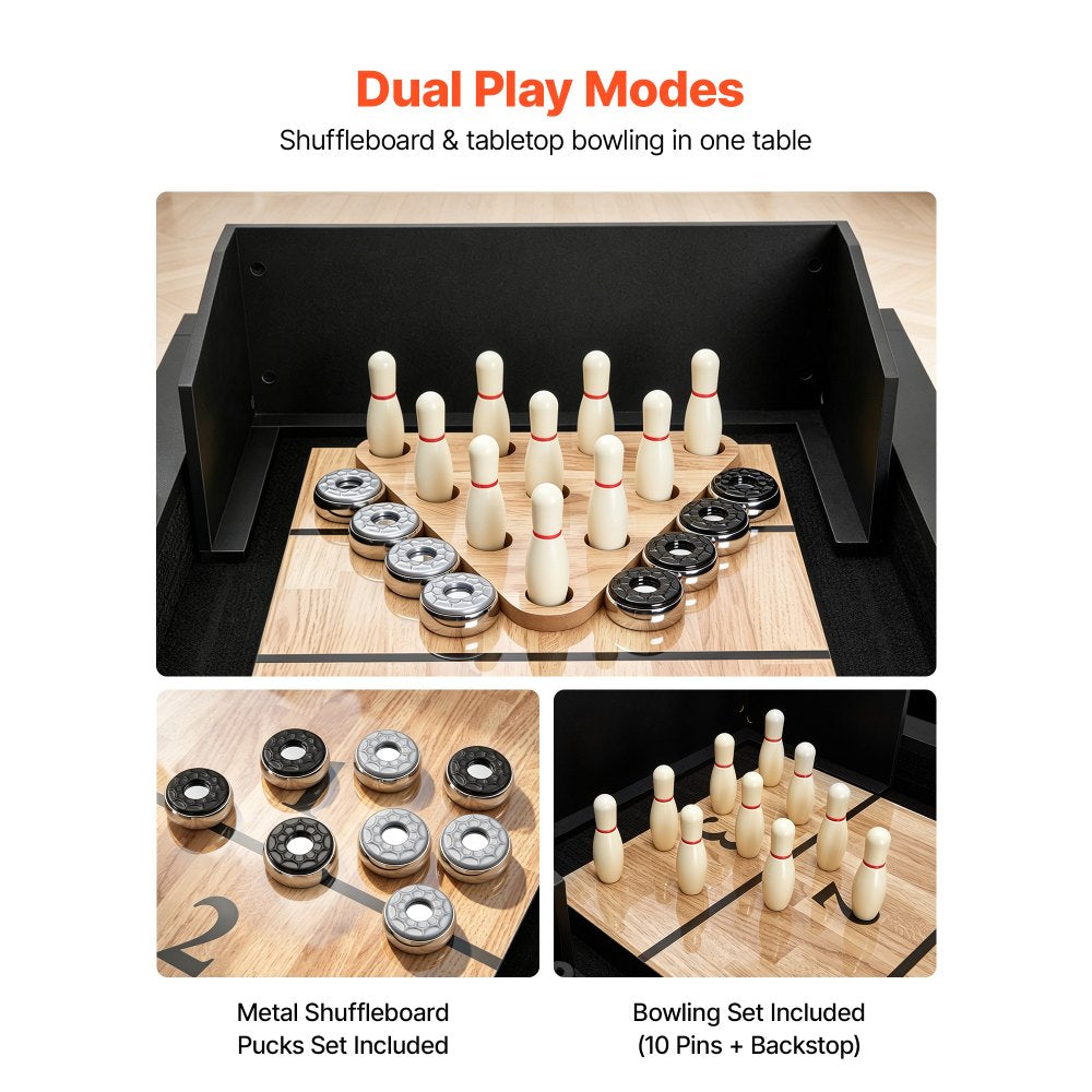 VEVOR 9 ft LED Shuffleboard Table, 2 in 1 Shuffleboard and Bowling Combo Set, Shuffle Board with Light‑Up Rails, Scratch-Resistant Playfield, 8 Pucks, Bowling Set, Wax, Brush, for Family Game Room