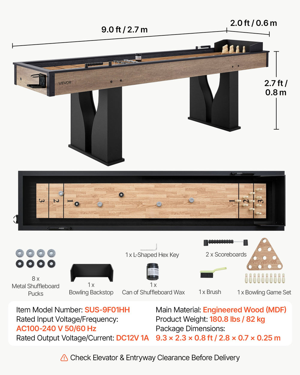 VEVOR 9 ft LED Shuffleboard Table, 2 in 1 Shuffleboard and Bowling Combo Set, Shuffle Board with Light‑Up Rails, Scratch-Resistant Playfield, 8 Pucks, Bowling Set, Wax, Brush, for Family Game Room
