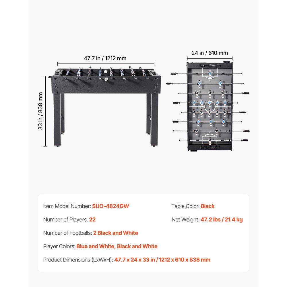VEVOR Foosball Table, 48 inch Standard Size Table, Indoor Full Size Foosball Tables for Home, Family, and Game Room, Durable Soccer Set, Includes 2 Balls, Score Keeper, and 2 Cup Holders