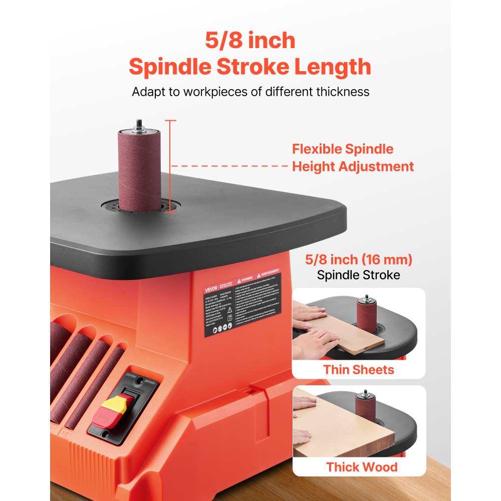 VEVOR Oscillating Spindle Sander, 2400RPM Benchtop Spindle Sander with 6 Sleeves (1/2"-3"), 5/8" Stroke & 15.4 x 16.3-inch Wide Worktable for Furniture Finishing, Crafts Sanding, DIY Woodworking
