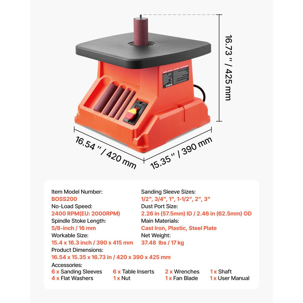 VEVOR Oscillating Spindle Sander, 2400RPM Benchtop Spindle Sander with 6 Sleeves (1/2"-3"), 5/8" Stroke & 15.4 x 16.3-inch Wide Worktable for Furniture Finishing, Crafts Sanding, DIY Woodworking