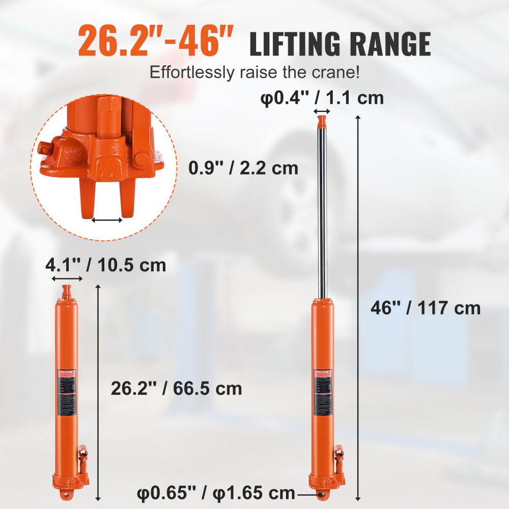 VEVOR Hydraulic Long Ram Jack, 3 Ton Engine Hoist Cylinder with Single Piston Pump And Clevis Base, Hydraulic Ram Cylinder for Engine Lift Hoists, Hydraulic Garage/Shop Cranes, Mechanical, Farm