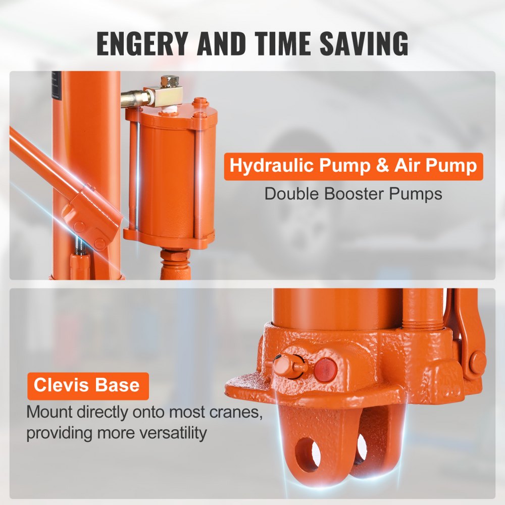 VEVOR Hydraulic Long Ram Jack, 8 Ton Engine Hoist Cylinder with Air Pump and Single Piston Pump, Hydraulic Ram Cylinder Clevis Base for Engine Lift Hoists, Garage/Shop Cranes, Mechanical, Farm