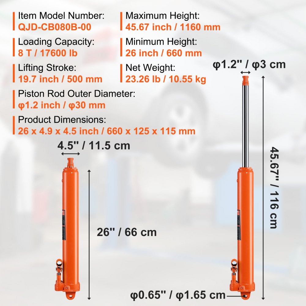 VEVOR Hydraulic Long Ram Jack, 8 Ton Engine Hoist Cylinder with Double Piston Pump And Clevis Base, Hydraulic Ram Cylinder for Engine Lift Hoists, Hydraulic Garage/Shop Cranes, Mechanical, Farm