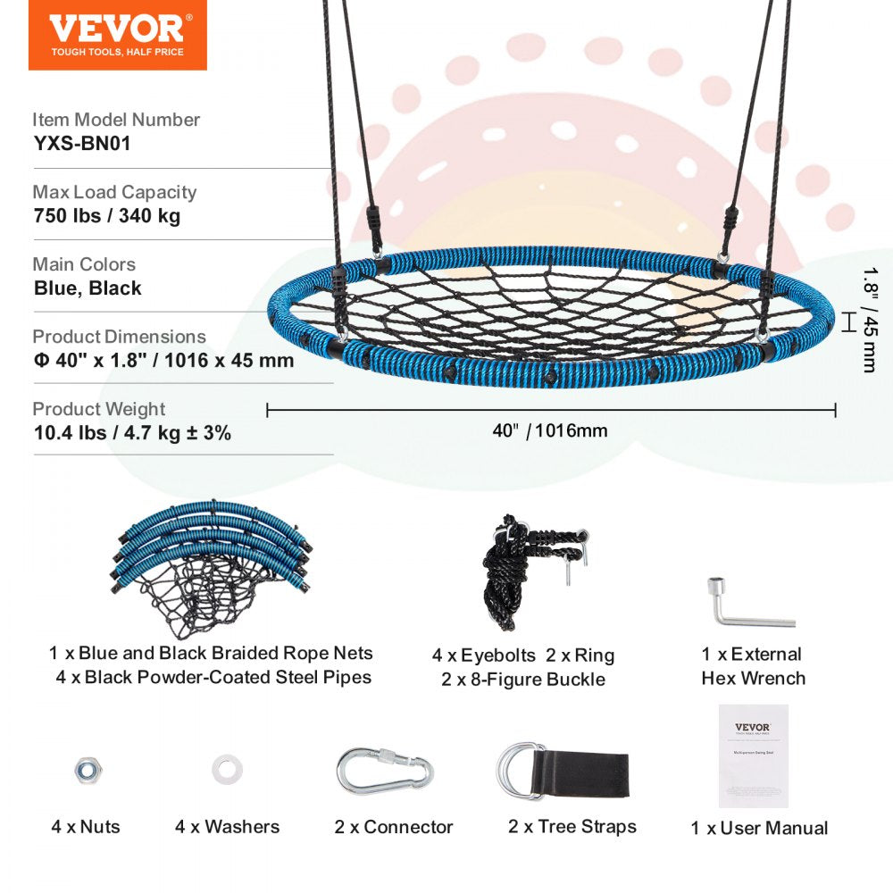 VEVOR Spider Web Saucer Swing, 40 Inch Round Swings for Kids Outdoor, 750lbs Weight Capacity Saucer Tree Swing, Stable Woven Rope Swing Seat with Tree Hanging Straps and Adjustable Multi-Strand Ropes