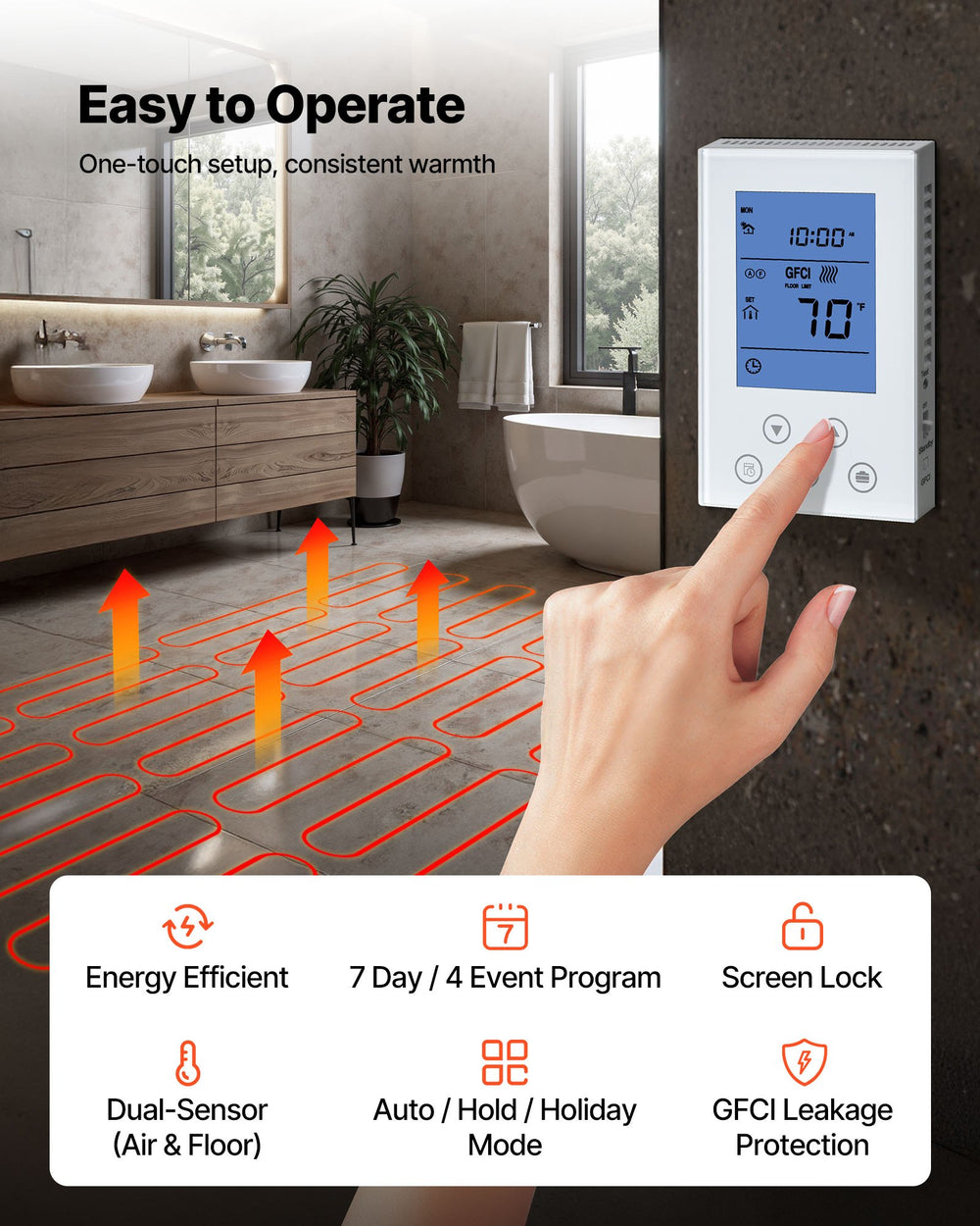 Programmable thermostat control features for radiant floor heating