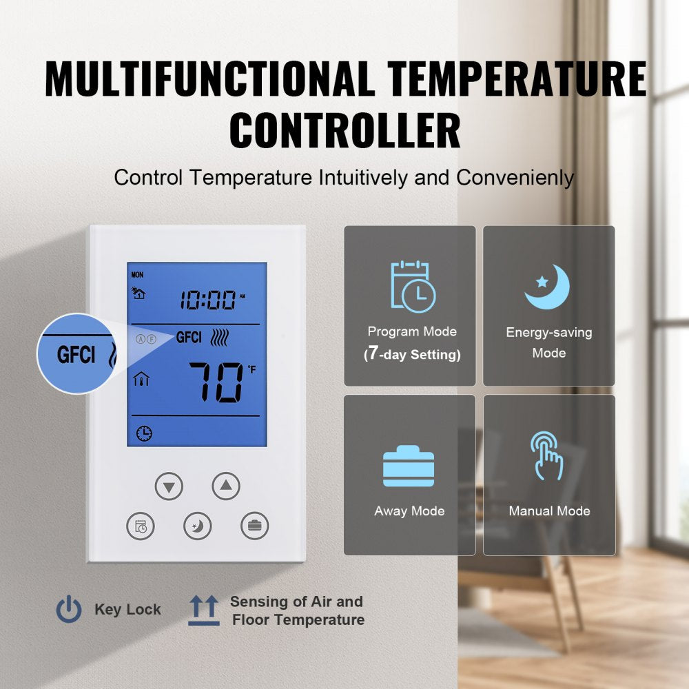VEVOR Floor Heating Mat, 30 Sq.ft, Electric Radiant In-Floor Heated Warm System with Digital Floor Sensing Thermostat, Includes Installation Monitor, Adhesive Back for Easy Installation on The Floor