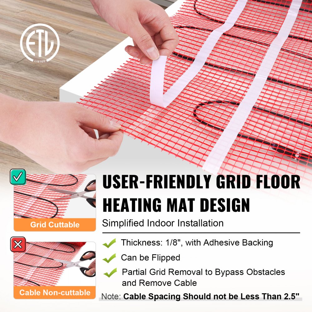 VEVOR Floor Heating Mat,10 Sq.ft. 14℉-113℉ Electric Radiant Floor Heated Warm System with Digital Floor Sensing Thermostat, 110-120V  Includes Installation Monitor, Adhesive Back for Easy Installation
