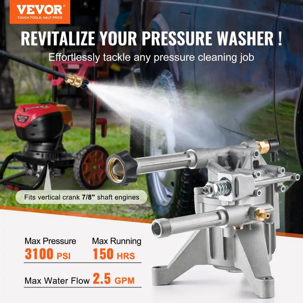 VEVOR Pressure Washer Pump, 7/8" Shaft Vertical, 3100 PSI, 2.5GPM, Replacement Power Washer Pumps Kit with 5 Nozzles, Compatible with Briggs & Stratton, Generac, Devilbiss, Troy Bilt, Honda, Craftsman