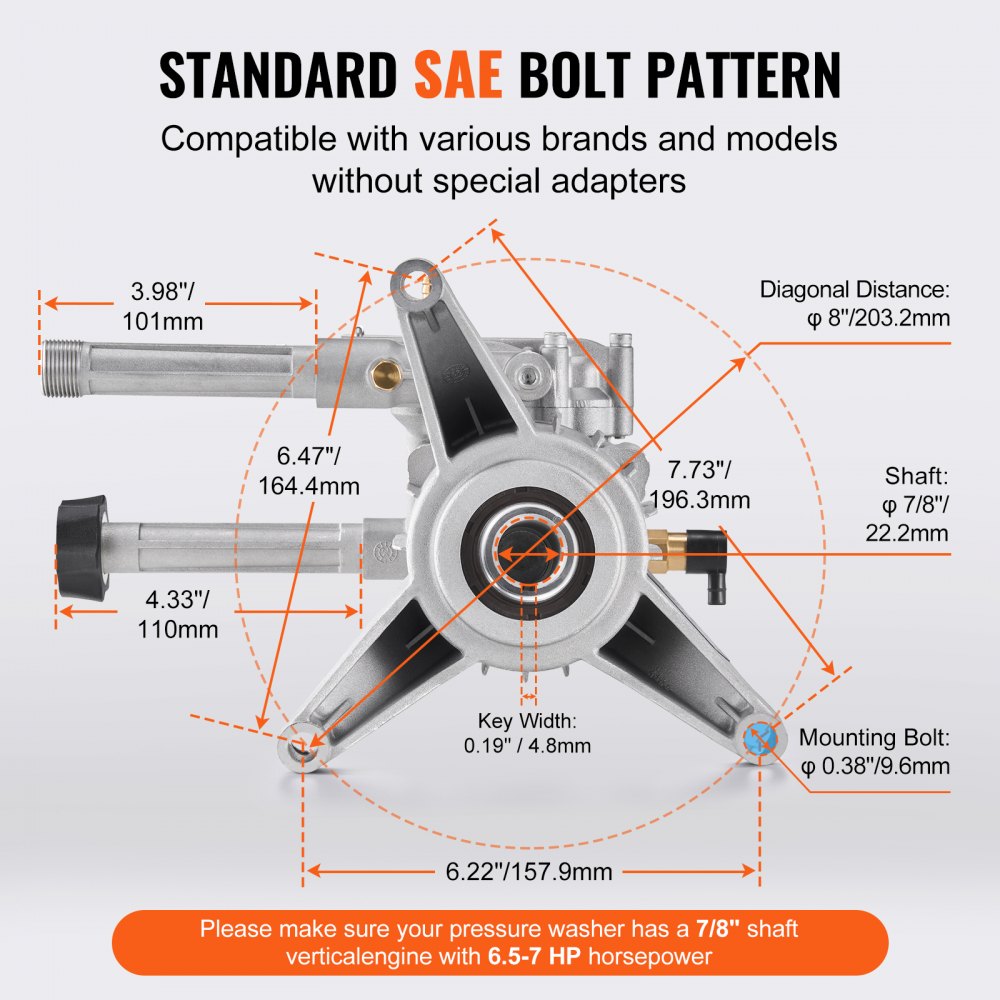 VEVOR Pressure Washer Pump, 7/8" Shaft Vertical, 3100 PSI, 2.5GPM, Replacement Power Washer Pumps Kit with 5 Nozzles, Compatible with Briggs & Stratton, Generac, Devilbiss, Troy Bilt, Honda, Craftsman