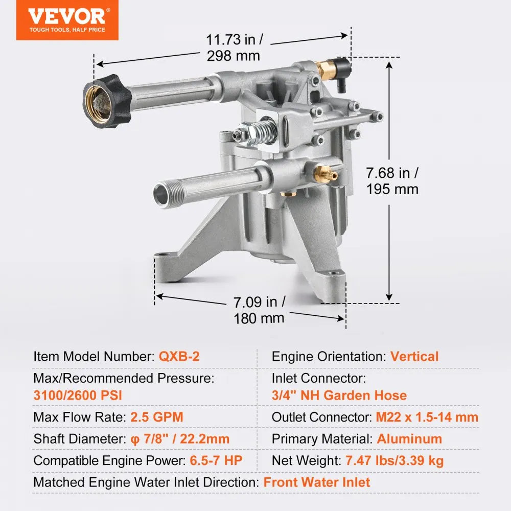 VEVOR Pressure Washer Pump, 7/8" Shaft Vertical, 3100 PSI, 2.5GPM, Replacement Power Washer Pumps Kit with 5 Nozzles, Compatible with Briggs & Stratton, Generac, Devilbiss, Troy Bilt, Honda, Craftsman
