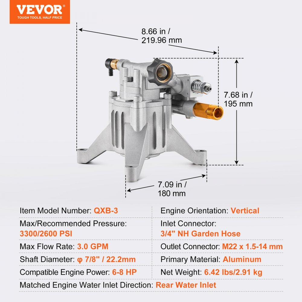 VEVOR Pressure Washer Pump, 7/8" Shaft Vertical, 3300 PSI, 3.0GPM, Replacement Power Washer Pumps Kit with 5 Nozzles, Hardware and Siphon Tube, Compatible with RYOBI, Honda, Briggs and Stratton
