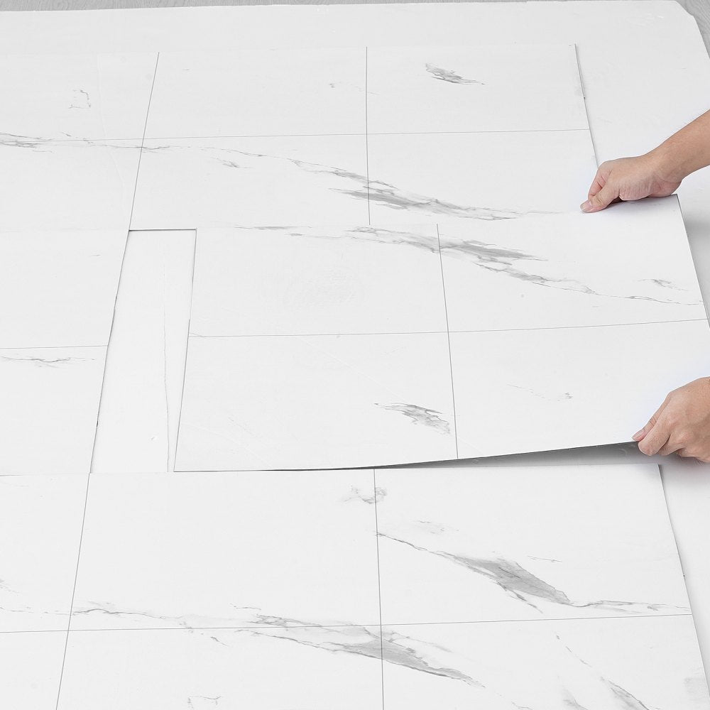 VEVOR Self Adhesive Vinyl Floor Tiles 390 x 23.6 inch, 1.5mm Thick Peel & Stick, White Marble Texture DIY Flooring for Kitchen, Dining Room, Bedrooms & Bathrooms, Easy for Home Decor