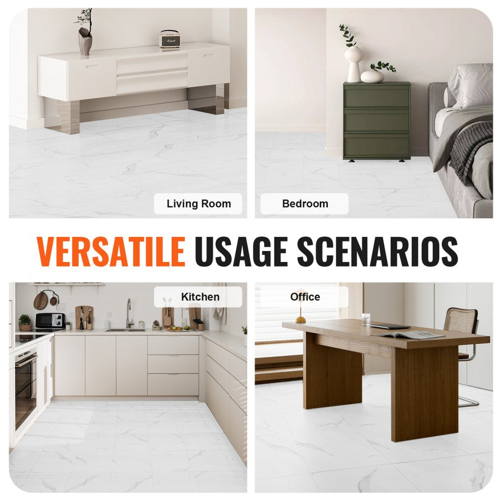 VEVOR Self Adhesive Vinyl Floor Tiles 12 x 12 inch, 50 Tiles 1.5mm Thick Peel & Stick, White Marble Texture DIY Flooring for Kitchen, Dining Room, Bedrooms & Bathrooms, Easy for Home Decor
