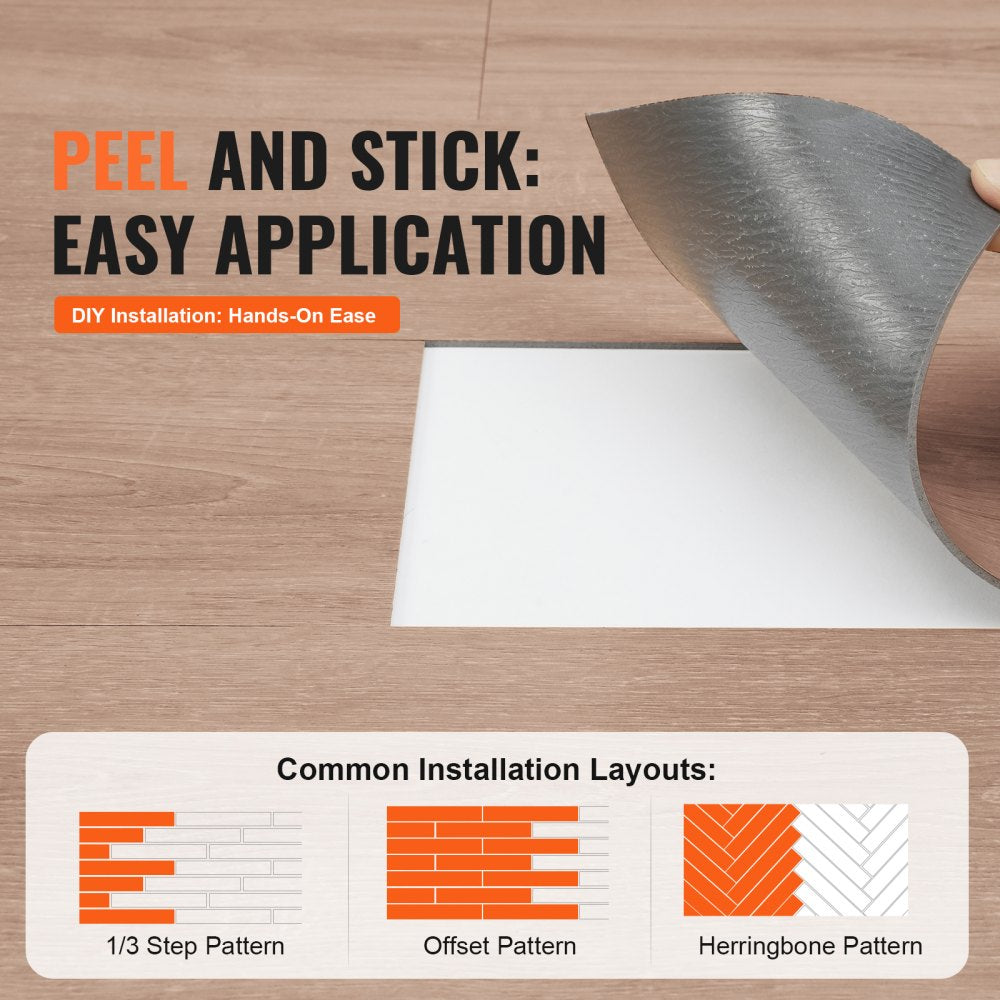 VEVOR Self Adhesive Vinyl Floor Tiles 36 x 6 inch, 36 Tiles 2.5mm Thick Peel & Stick, Natural Wood Grain DIY Flooring for Kitchen, Dining Room, Bedrooms & Bathrooms, Easy for Home Decor