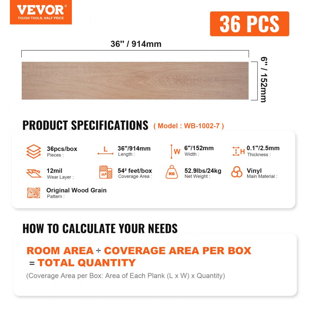 VEVOR Self Adhesive Vinyl Floor Tiles 36 x 6 inch, 36 Tiles 2.5mm Thick Peel & Stick, Natural Wood Grain DIY Flooring for Kitchen, Dining Room, Bedrooms & Bathrooms, Easy for Home Decor