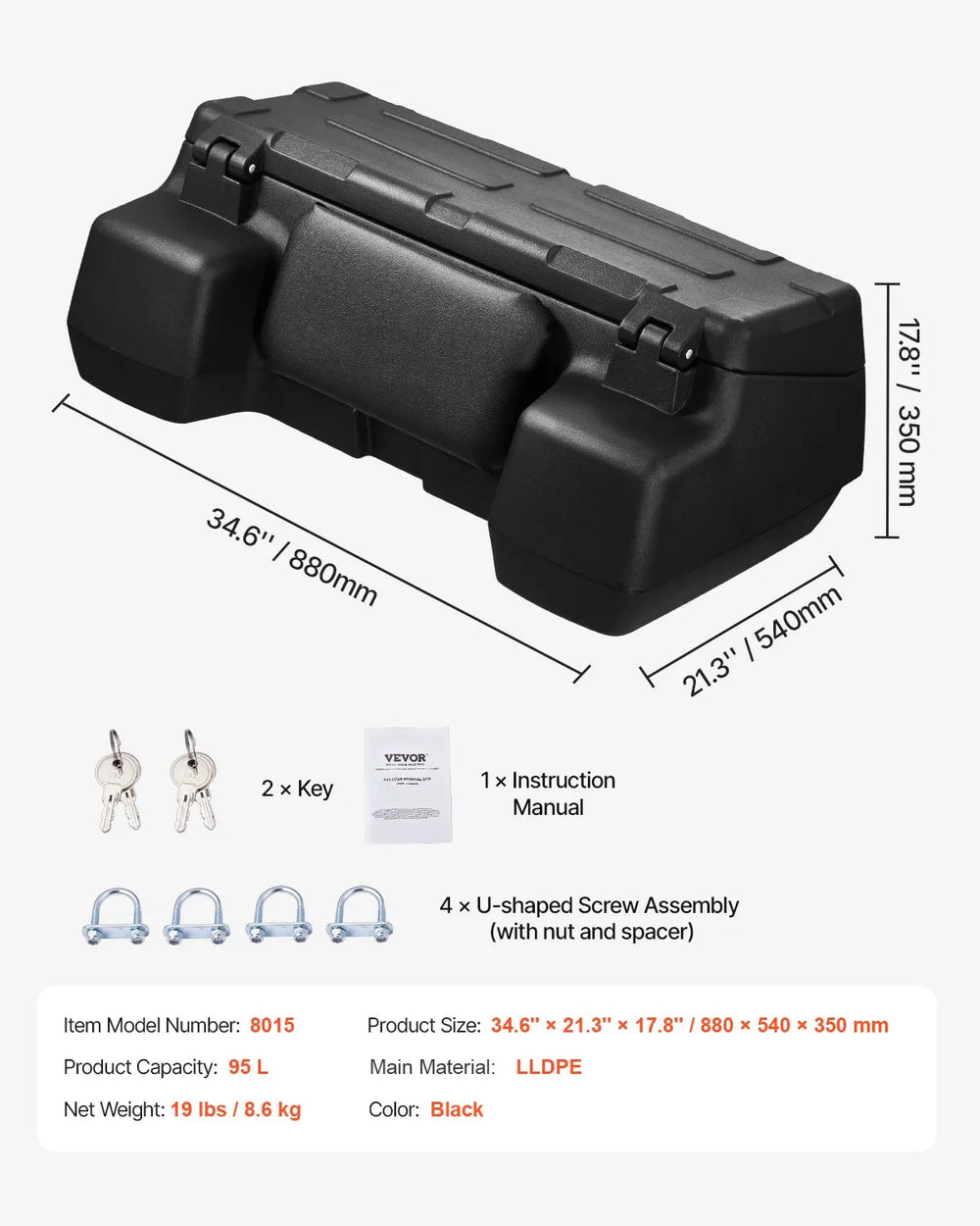 Vevor ATV Rear Cargo Storage Box 95L Waterproof with Backrest New