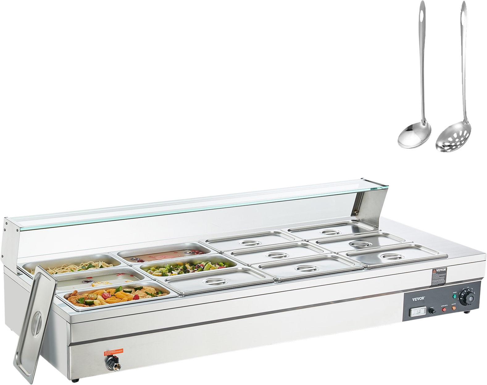 Vevor Food Warmer 12-Pan with Glass Shield 1800W Electric Steam Table 86°F-185°F Temperature New