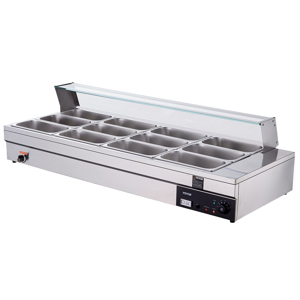 Vevor Food Warmer 12-Pan with Glass Shield 1800W Electric Steam Table 86°F-185°F Temperature New