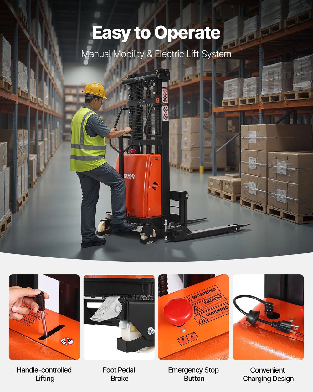 Vevor Pallet Stacker Semi-Electric 98" Lift 3300 lbs Adjustable Forks Straddle Legs New