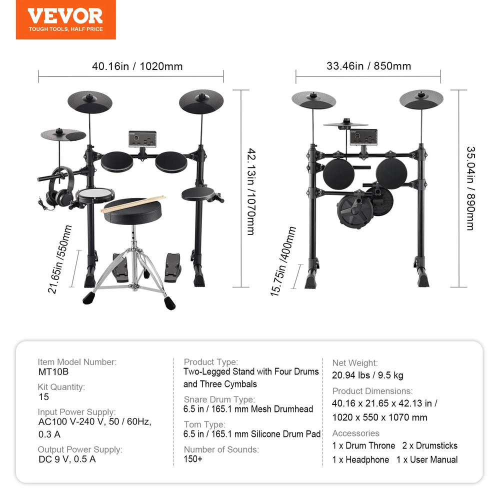 Vevor Electric Drum Kit Foldable with 4 Drums 3 Cymbals 150+ Sounds New