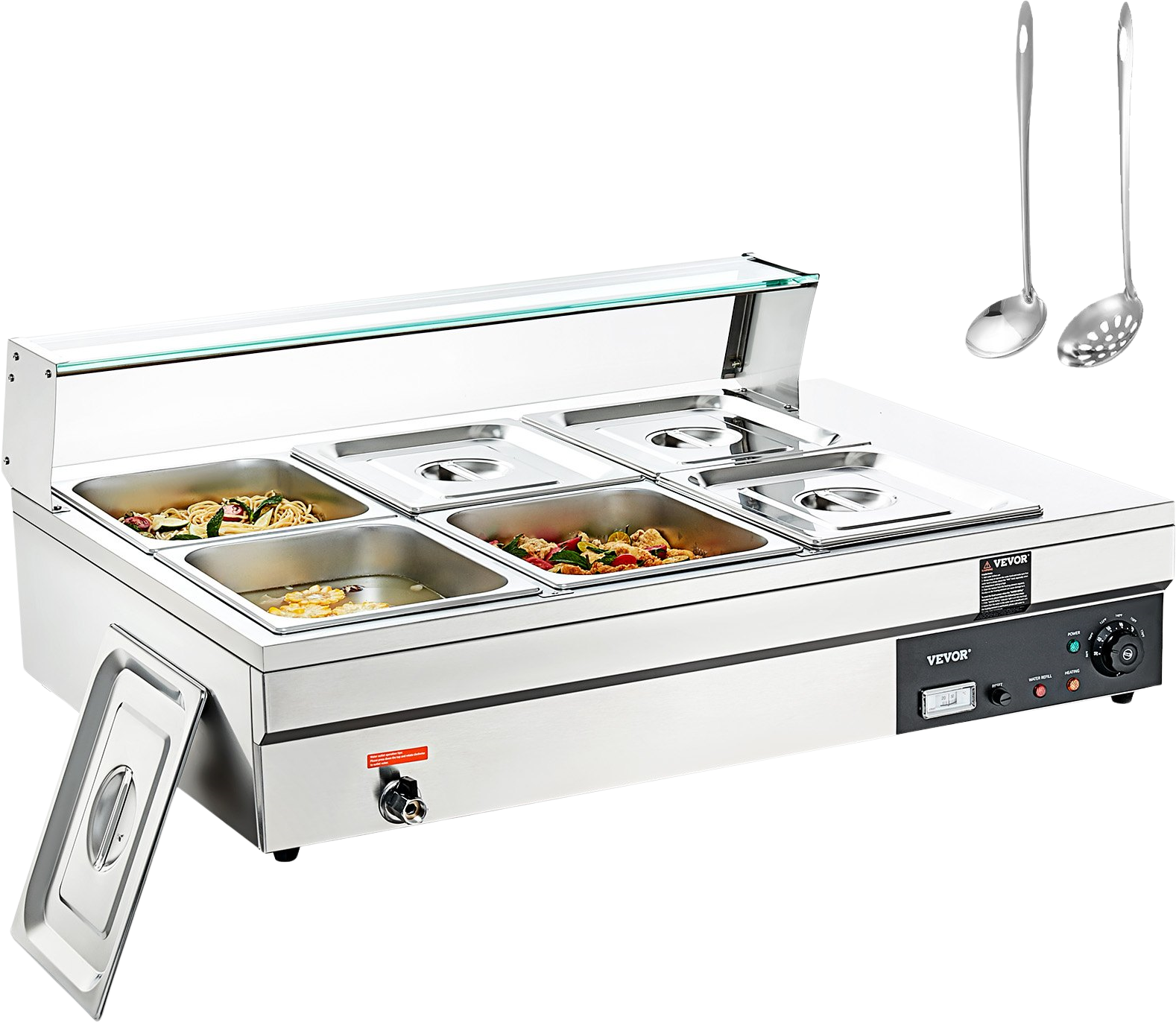 Vevor Food Warmer 6-Pan with Glass Shield 1500W Electric Steam Table 86°F-185°F Temperature New