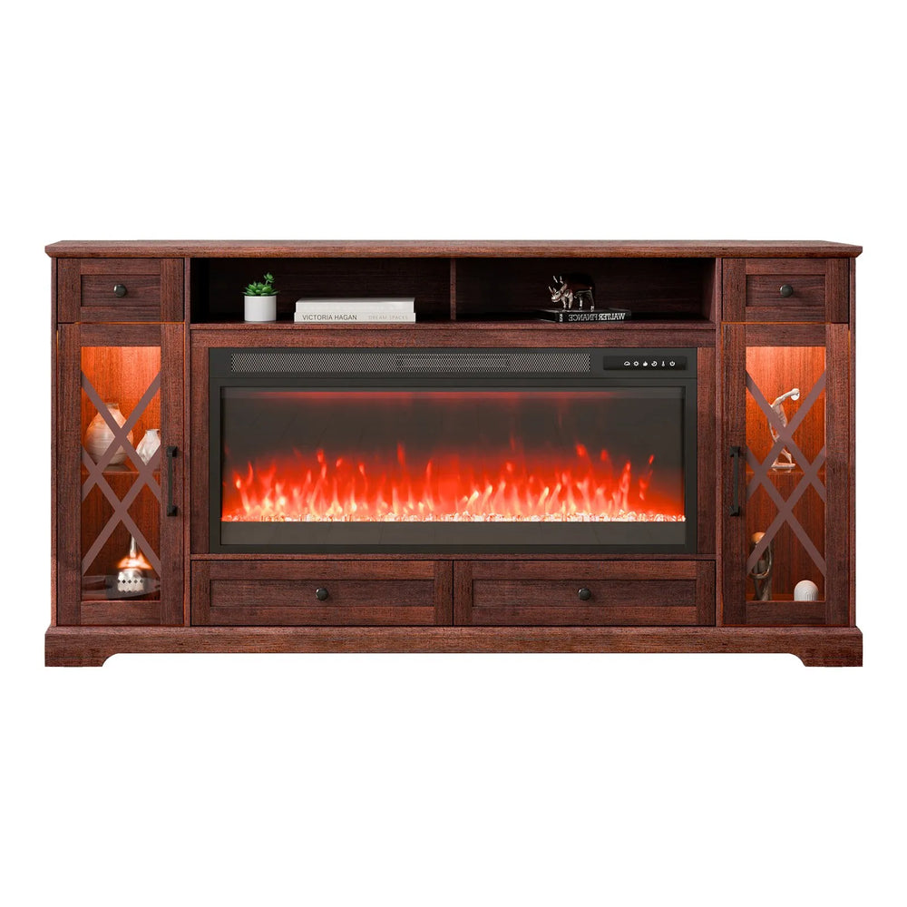 Vevor TV Stand 80" Cabinet with 42" Electric Fireplace 20 LED Lights Remote Control New