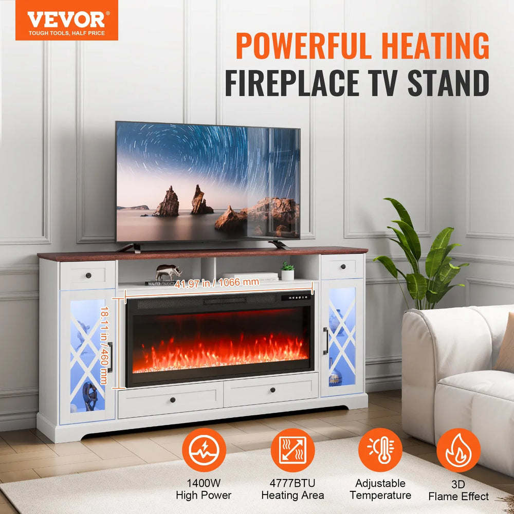 Vevor TV Stand 80" Cabinet with 42" Electric Fireplace 20 LED Lights Remote Control New
