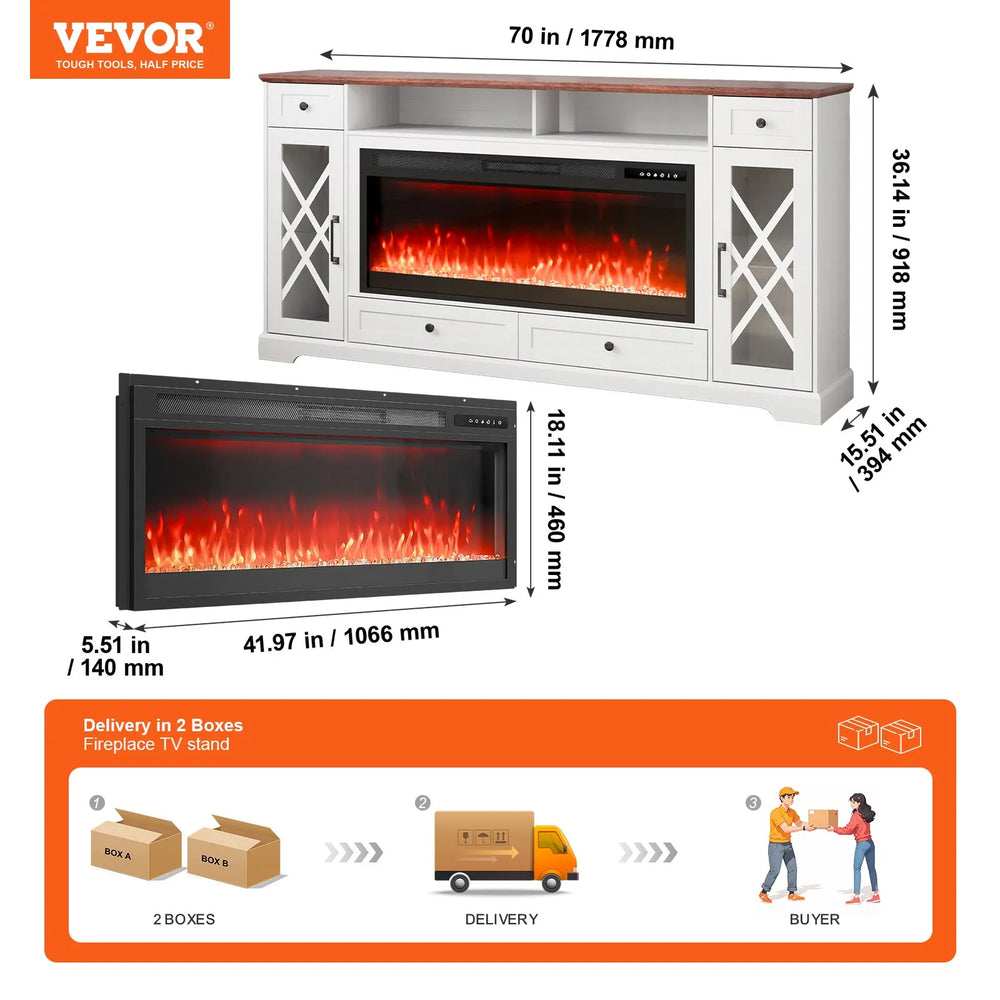 Vevor TV Stand 80" Cabinet with 42" Electric Fireplace 20 LED Lights Remote Control New