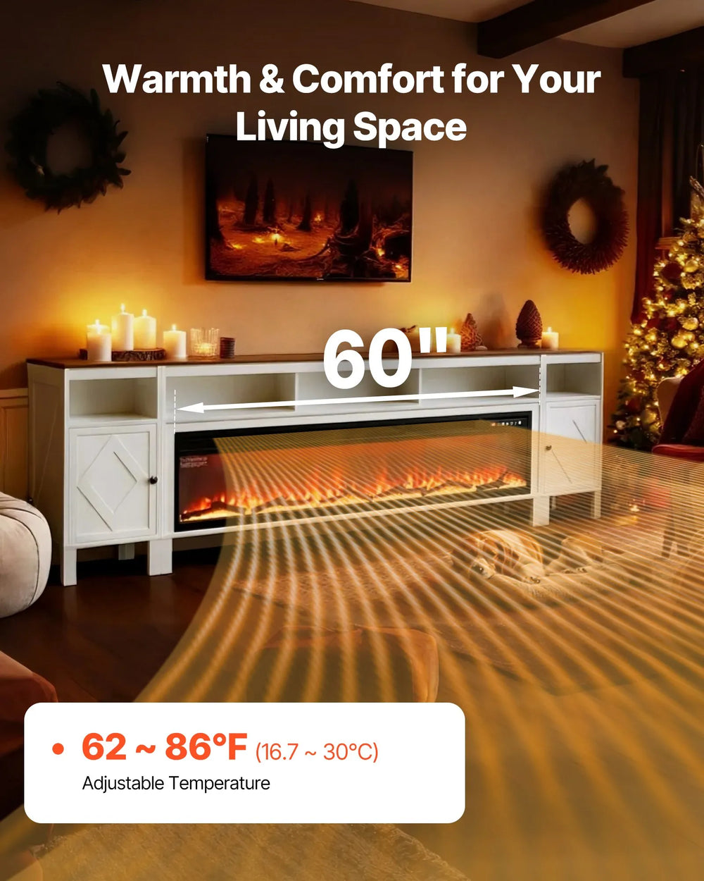 Vevor TV Stand with 60" Electric Fireplace and Storage Drawers Remote Control New