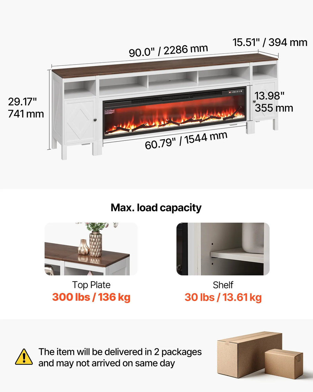 Vevor TV Stand with 60" Electric Fireplace and Storage Drawers Remote Control New