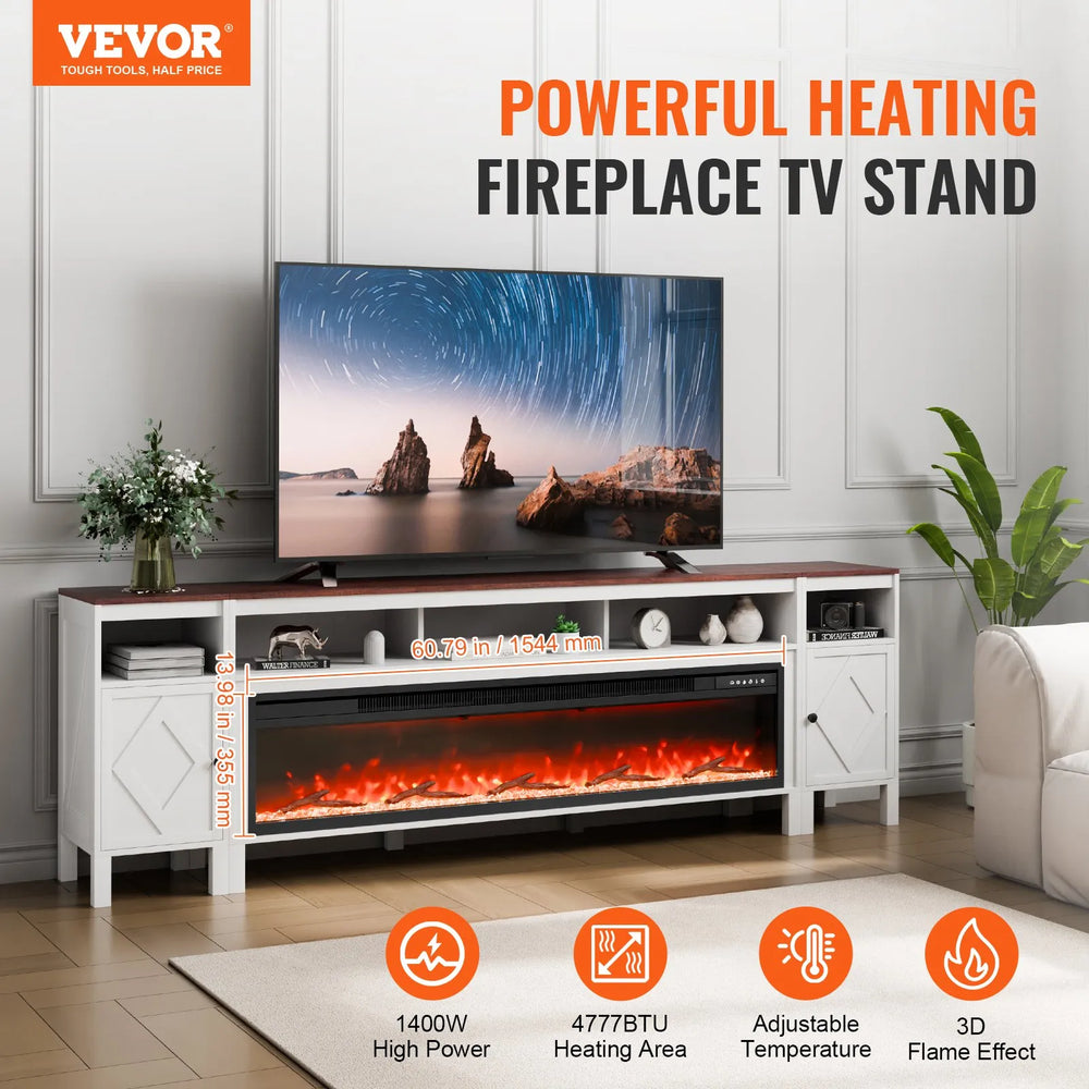 Vevor TV Stand 90" Cabinet with 60" Electric Fireplace 20 LED Lights Remote Control New