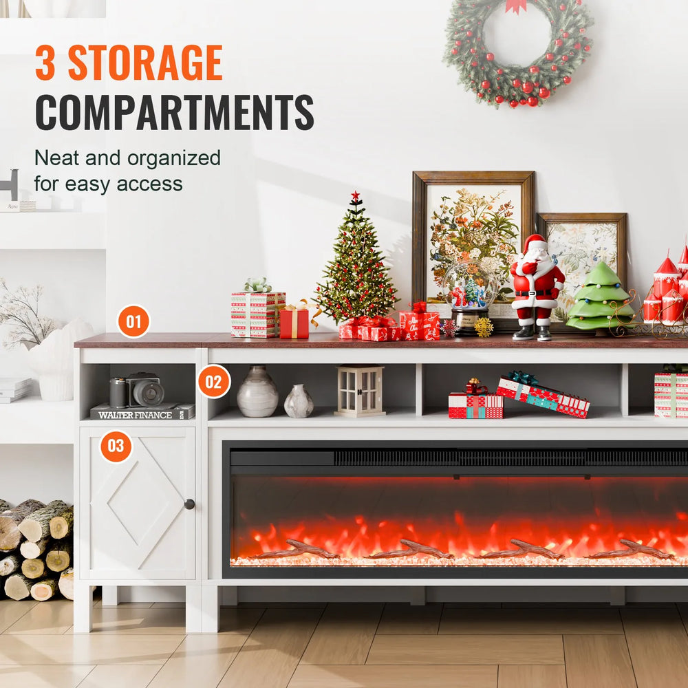 Vevor TV Stand 90" Cabinet with 60" Electric Fireplace 20 LED Lights Remote Control New