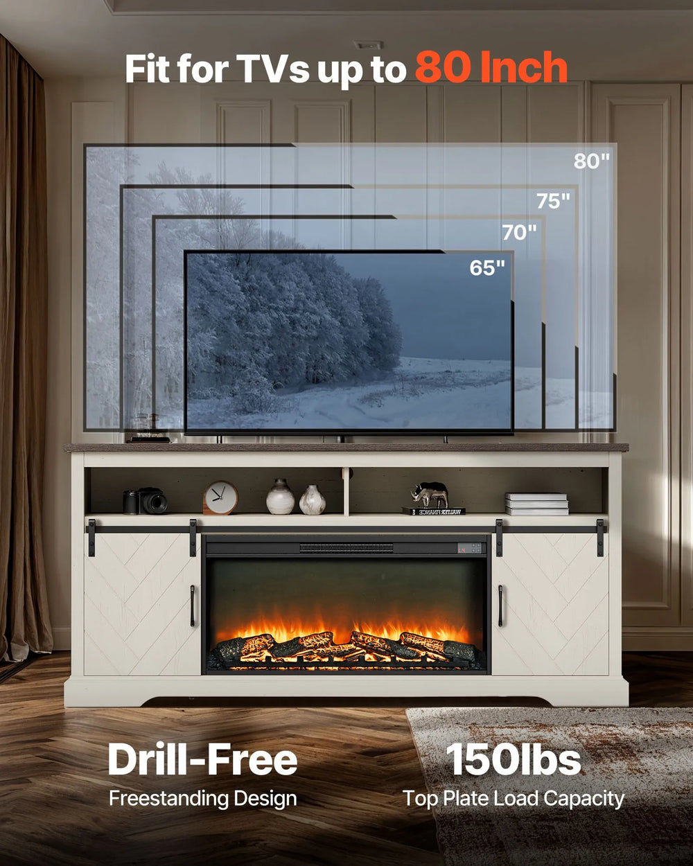 Vevor TV Stand with 36" Electric Fireplace LED Lights for TVs up to 80" New