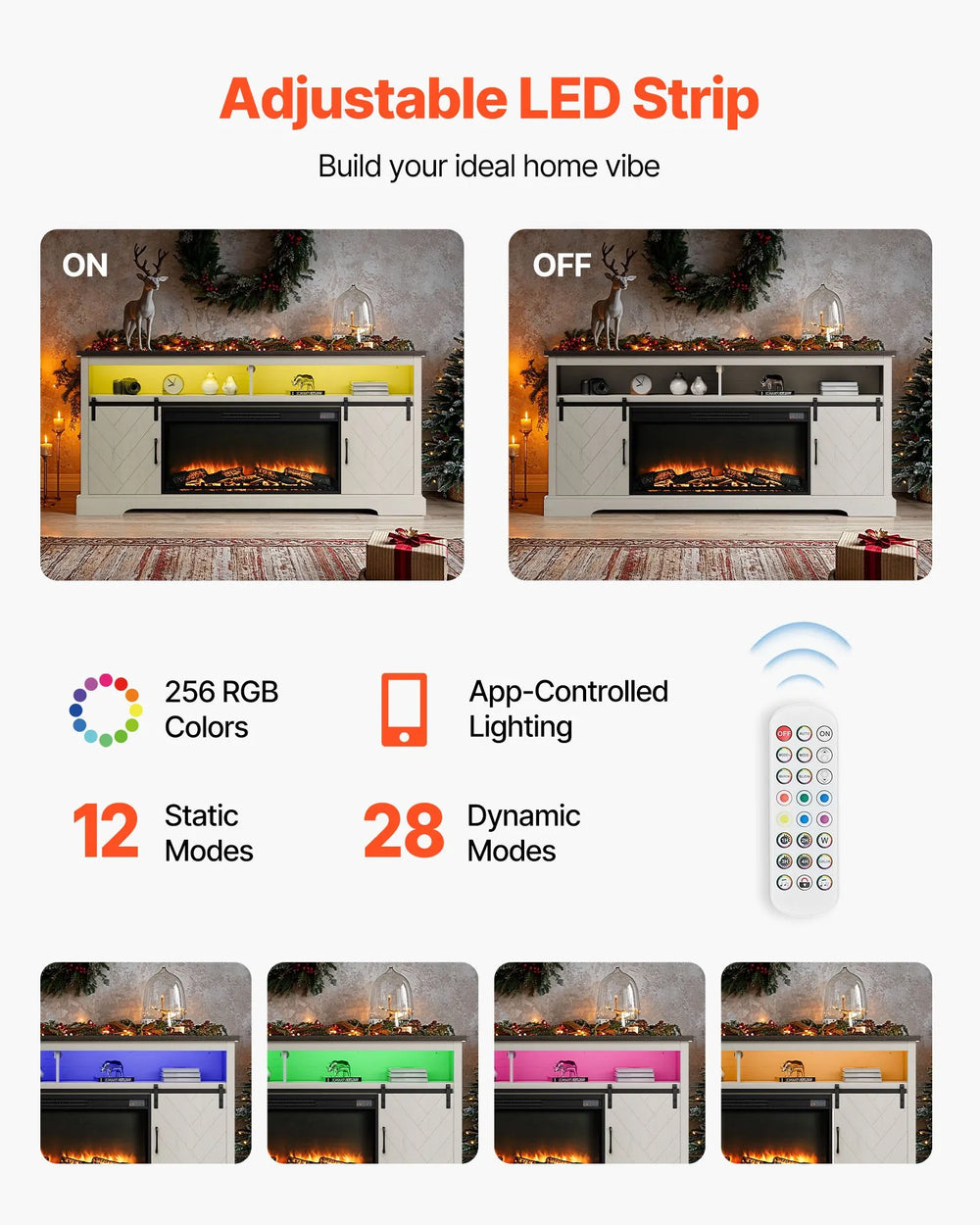 Vevor TV Stand with 36" Electric Fireplace LED Lights for TVs up to 80" New