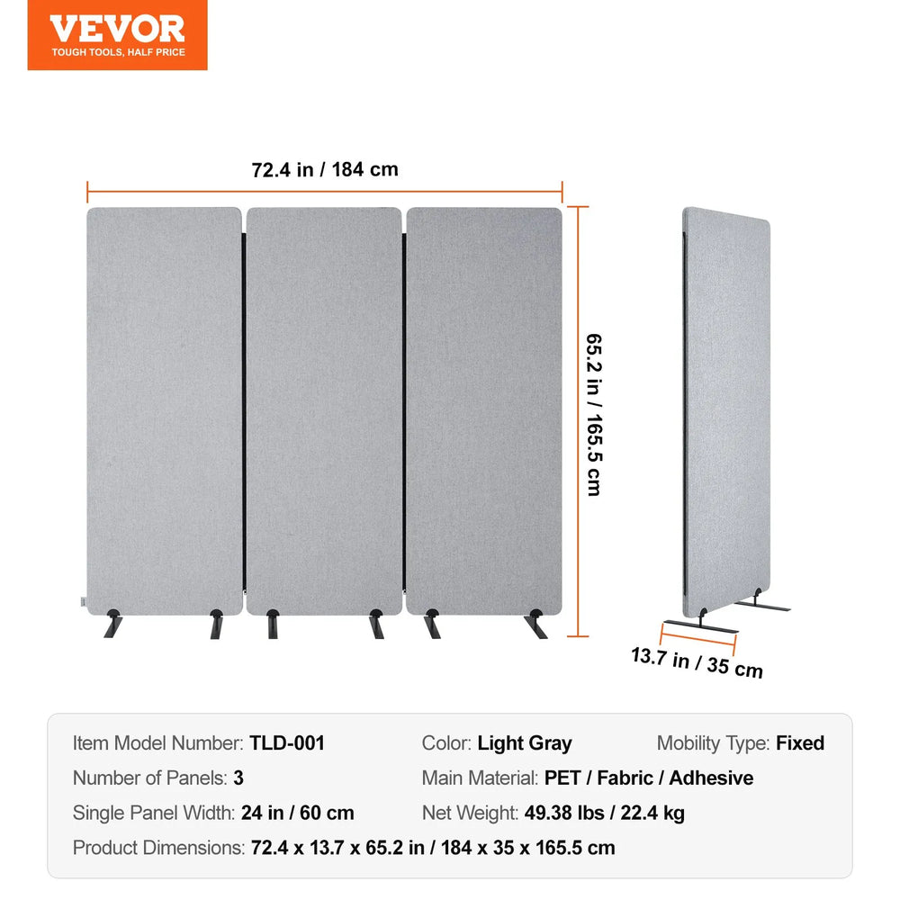 Vevor Office Partition 72" x 65" 3-Panel Soundproof Privacy Screen Freestanding New