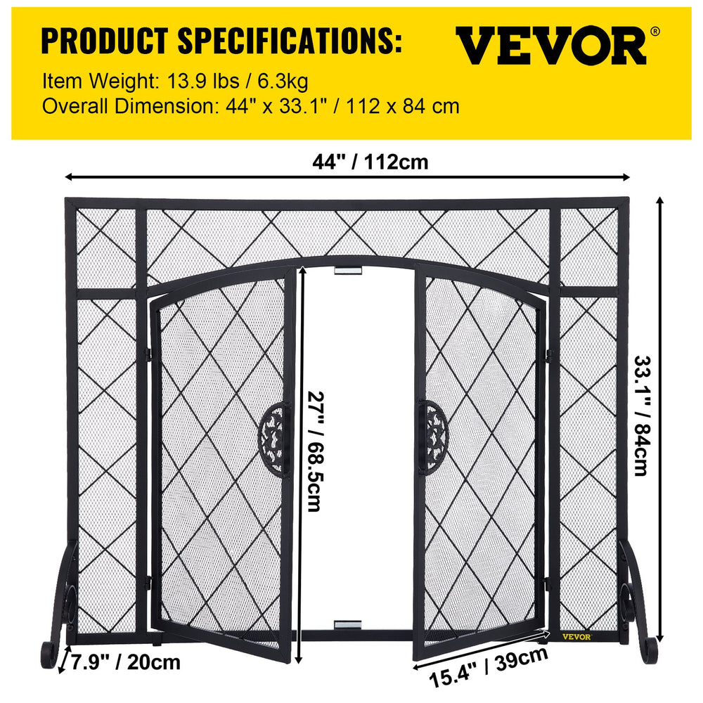 Vevor Fireplace Screen 44" x 33" Double Door Iron Freestanding Spark Guard with Accessories New