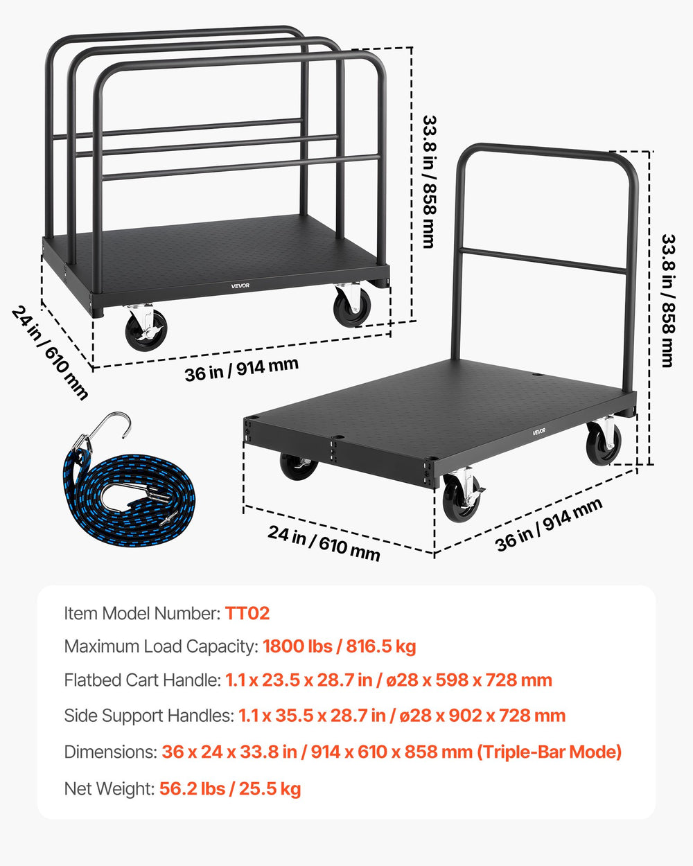 Vevor Drywall Cart Dolly 1800 lbs 2-in-1 Panel Truck 36" x 24" with 4 Handrails New