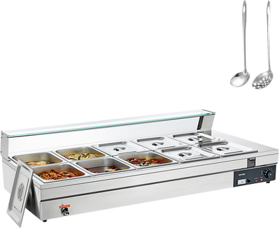 Vevor Food Warmer 10-Pan with Glass Shield 1800W Electric Steam Table 86°F-185°F Temperature New
