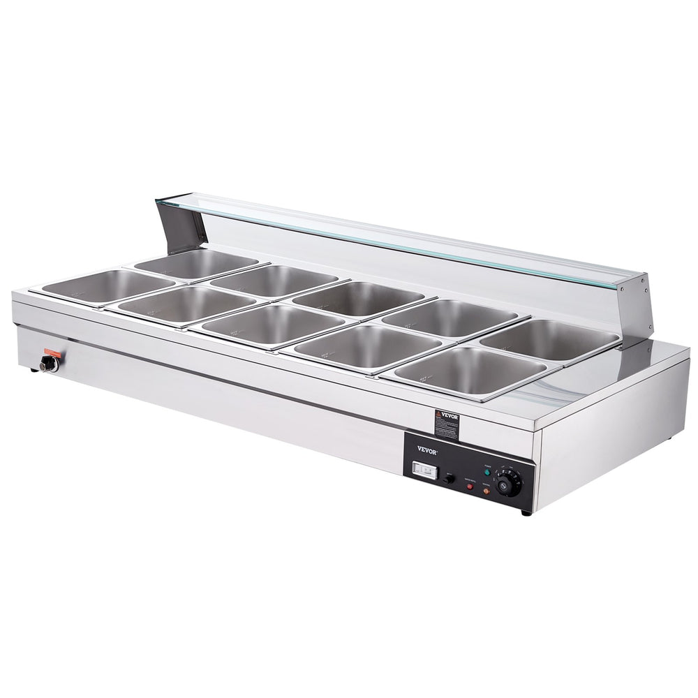 Vevor Food Warmer 10-Pan with Glass Shield 1800W Electric Steam Table 86°F-185°F Temperature New